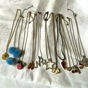 Lot of 12 silver & gold tone metal pendants & chain necklaces heart star cherry